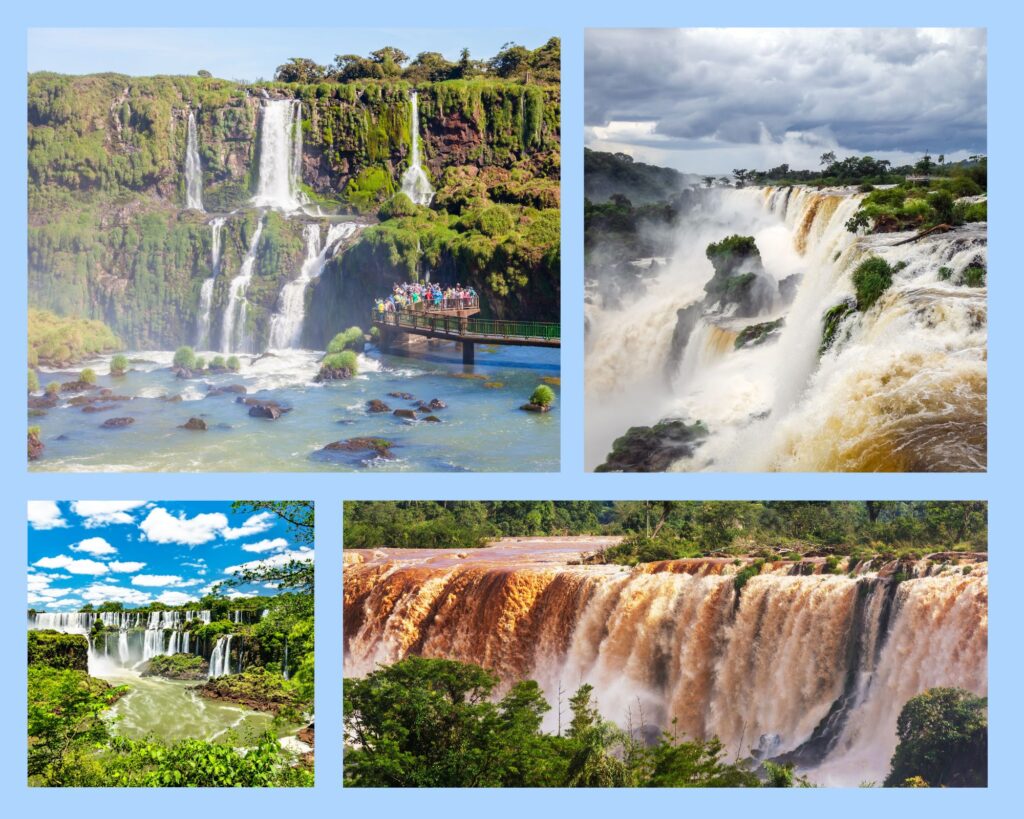 Auch der Wasserstand der Wasserfälle in Iguazú ändert sich sehr stark je nach Jahreszeit: Von vergleichsweise kleinen Wasserfällen bis zu massiven Überschwemmungen