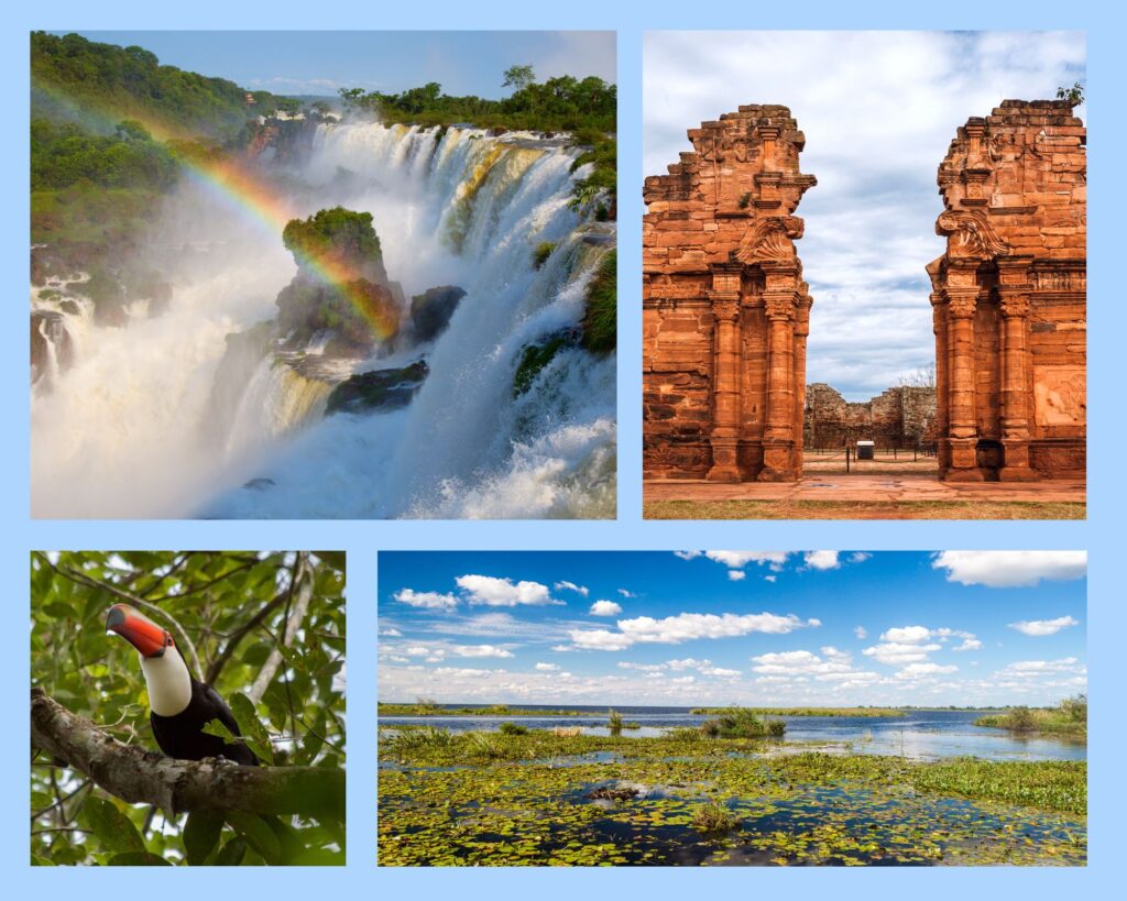 Highlights im Nordosten von Argentinien: die Iguazú Wasserfälle, Jesuitenmission San Ignacio-Mini, Tukan in Iguazú und die Esteros del Iberá