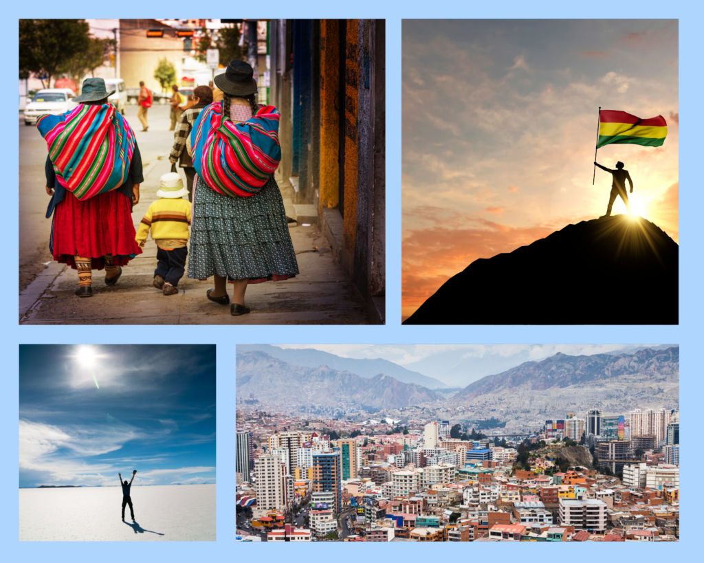 Collage mit Reiseeindrücken aus Bolivien, darunter die Landschaften des Andenhochlands und die Salzwüste Salar de Uyuni.