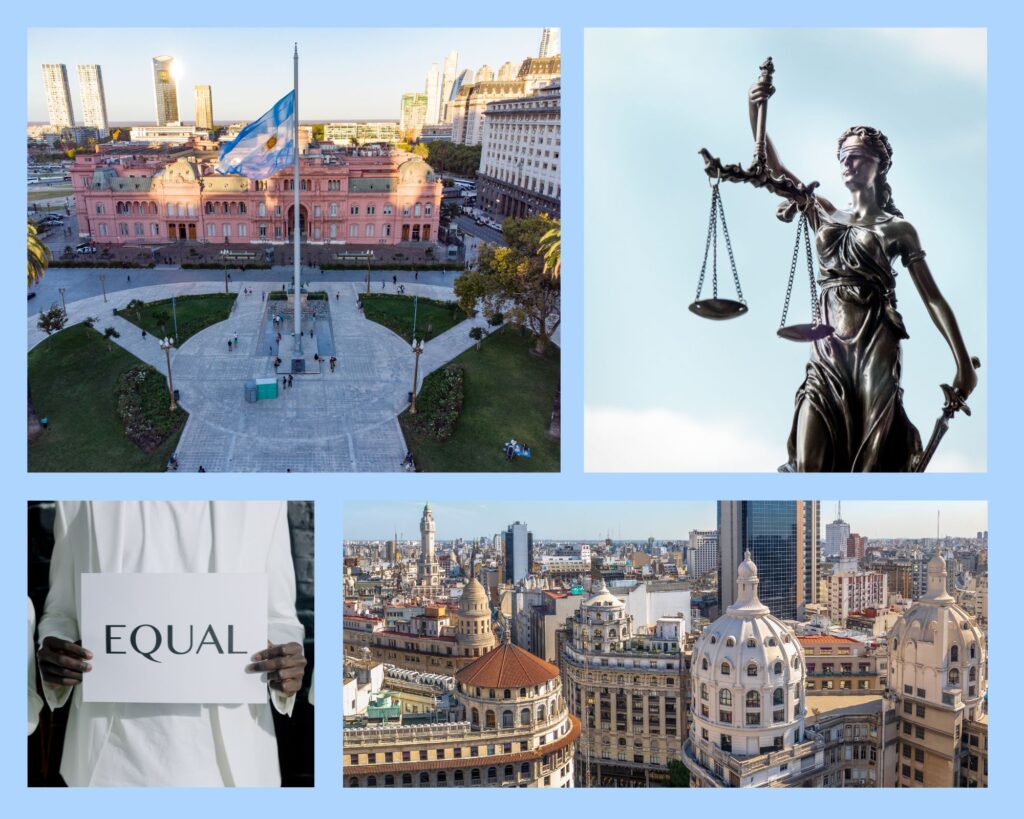 Eva Perón Argentinien – Collage mit Symbolen wie der Casa Rosada, Justitia und Gleichberechtigung, die Evas Einsatz für soziale Gerechtigkeit zeigt.