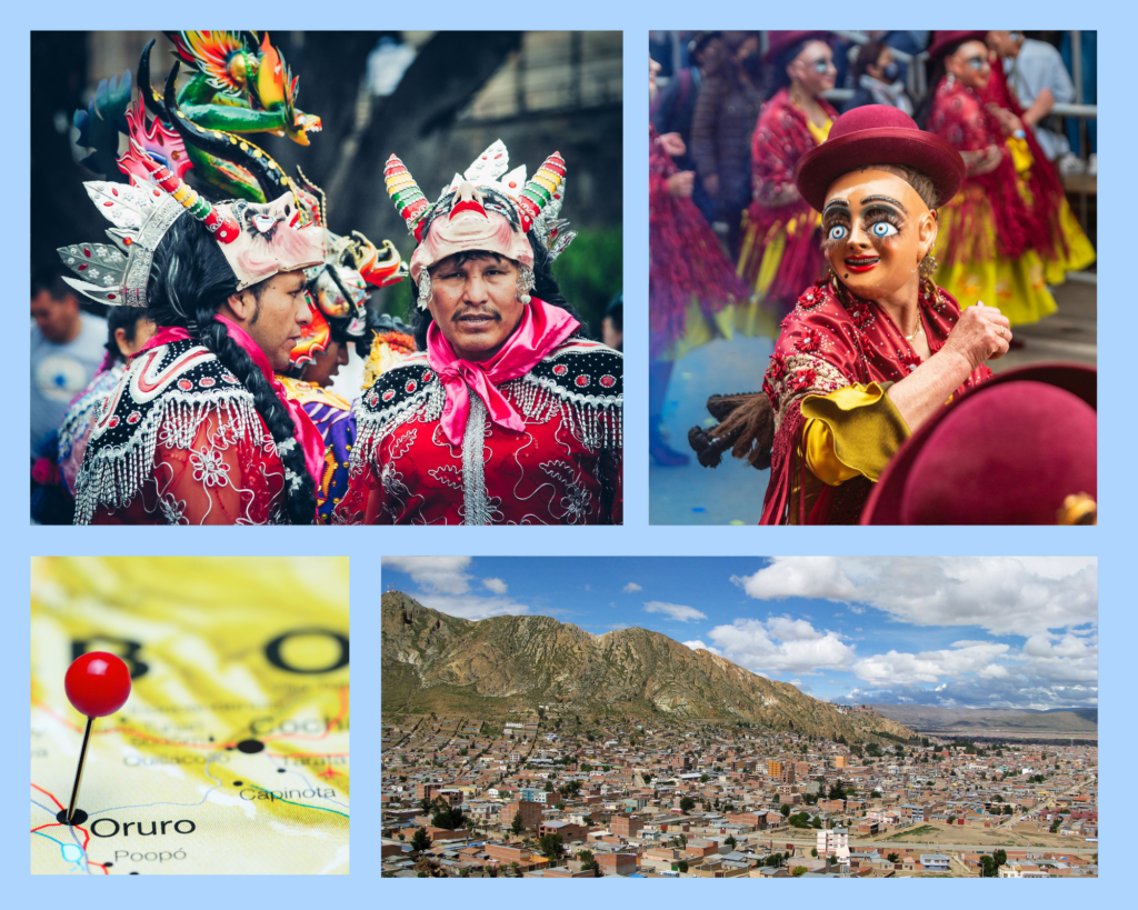 Collage mit Bilder vom kostumierten Menschen im Karneval von Oruro.