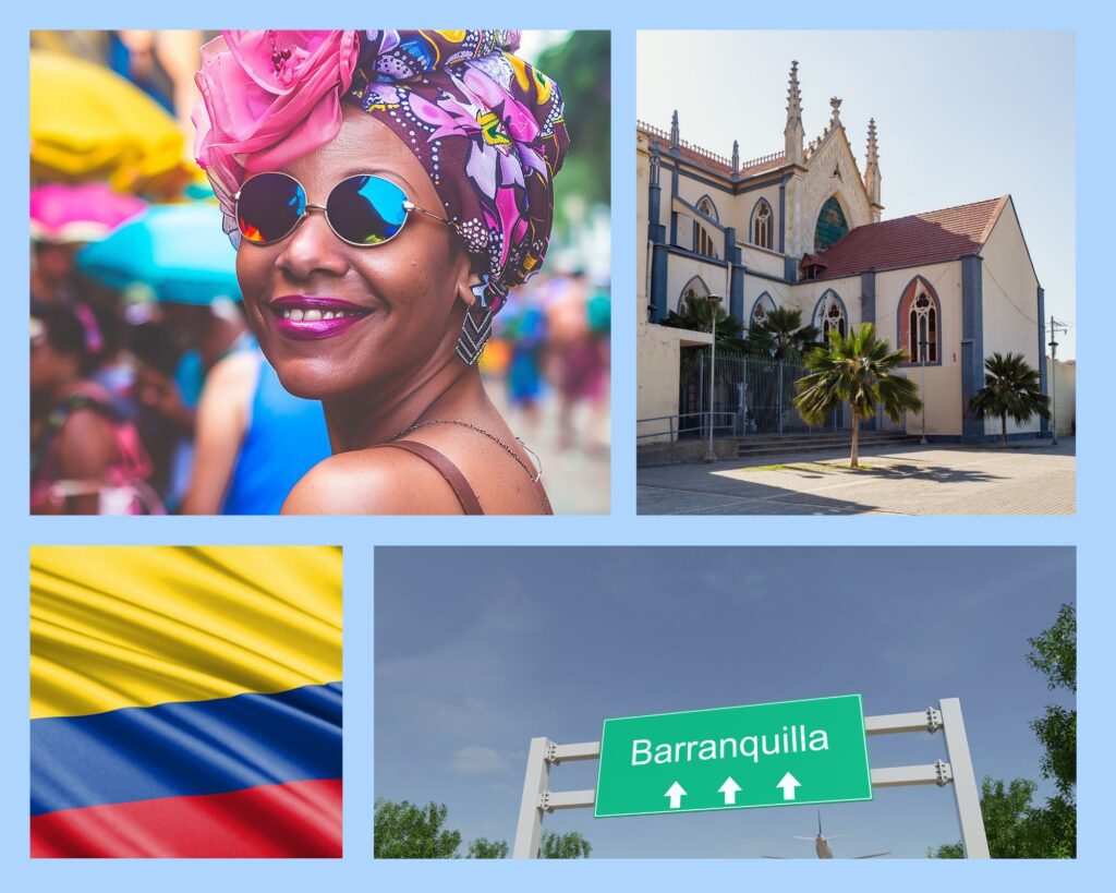 Ein Kirche, sowie ein Straßenschild aus Barranquilla, neben einer kolumbianischen Frau und der Flagge des Landes.