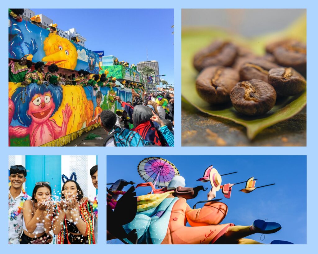 Feiernde Menschen beim Karneval in Barranquilla, Kolumbien - dem Land, das für seinen Kaffee bekannt ist.