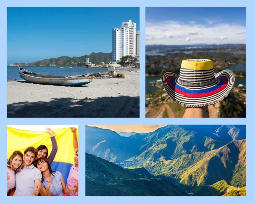 Eindrücke von Barranquilla, der Landschaft, einem kolumbianischen Hut und Menschen, die eine kolumbianische Flagge halten.