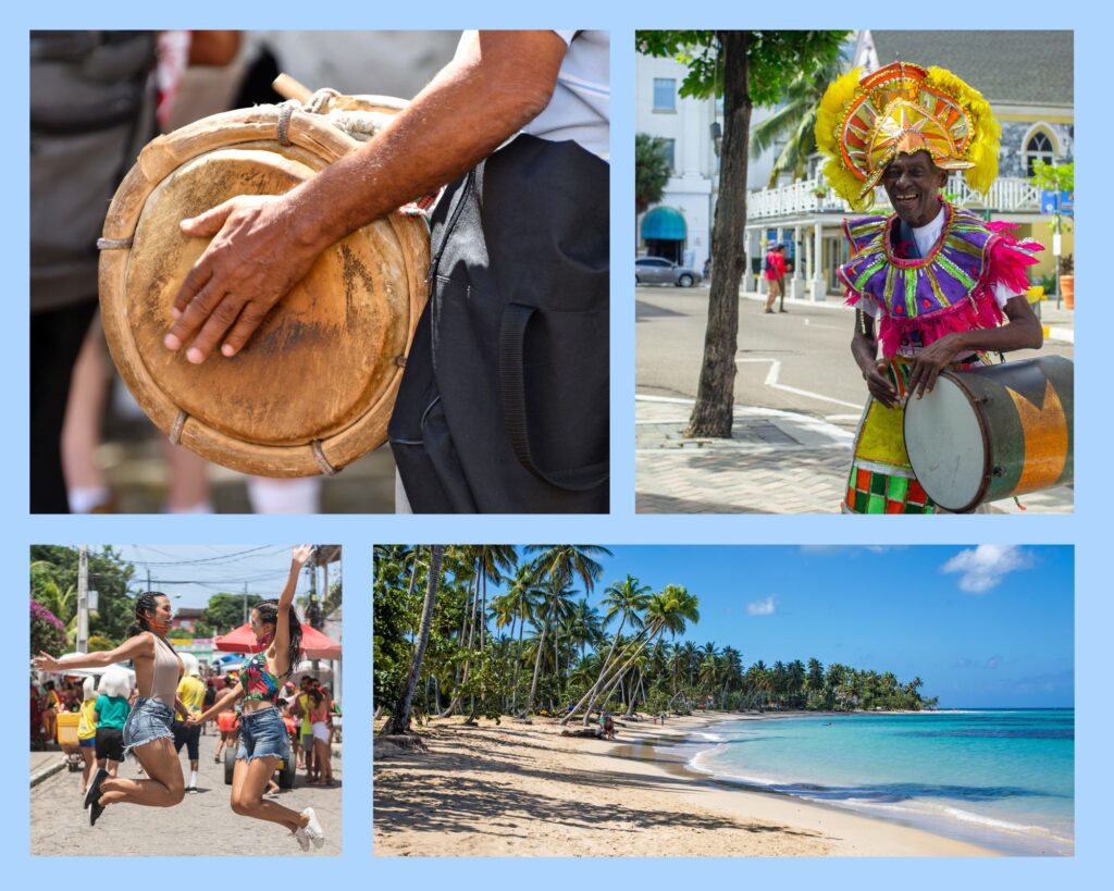 Bei karibischen Klängen feiern Menschen auf der Straße.