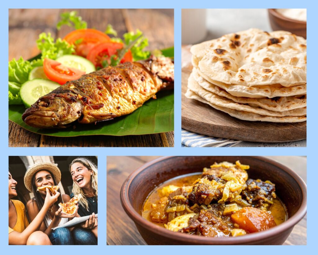 Gegrillter Fliegenfisch, Fladenbrot und Pepperpot