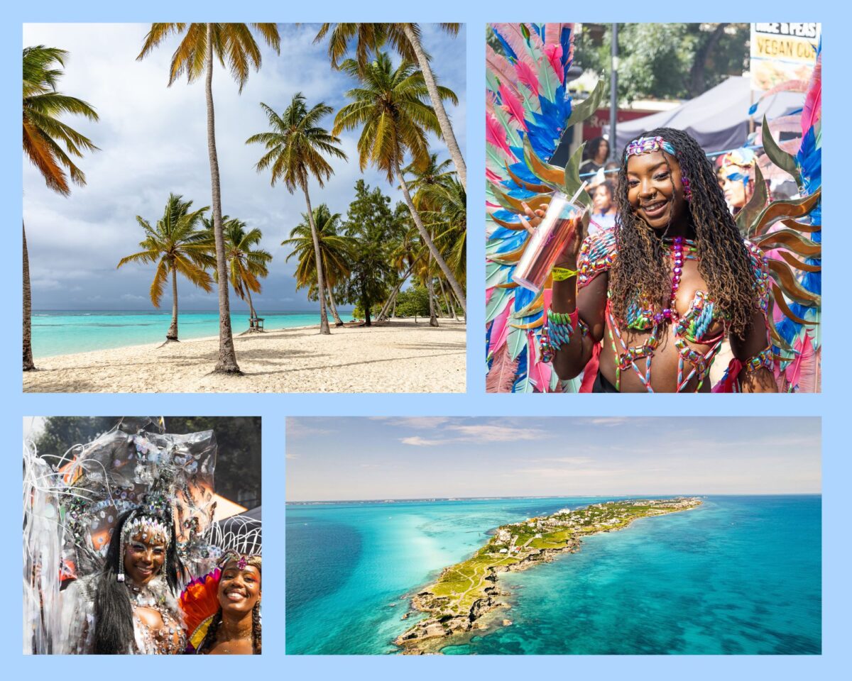 Teilnehmer des Karnevals in der Karibik tanzen bei farbenfrohen Umzügen.