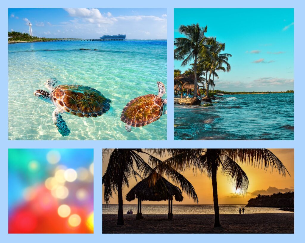 Karibischer Flair mit Sonnenuntergang, blauem Meer und Sonne, der zur Erholung einlädt.