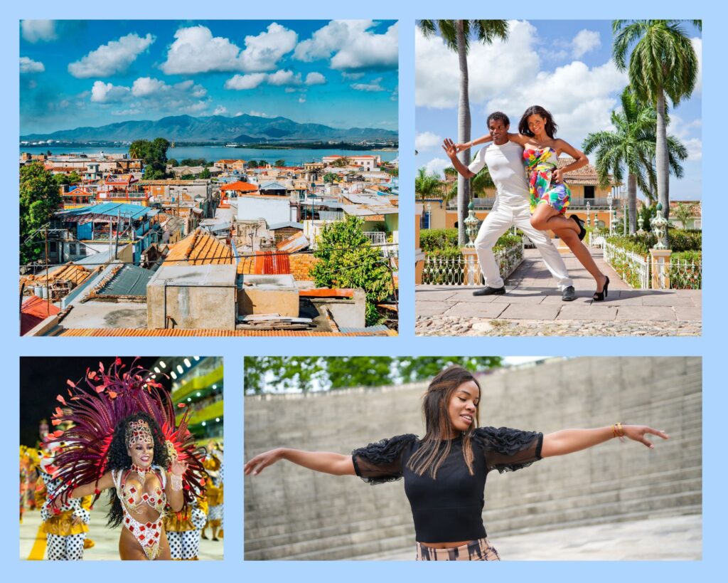 Fröhliche Menschen, die Samba und Salsa auf der Straße tanzen.