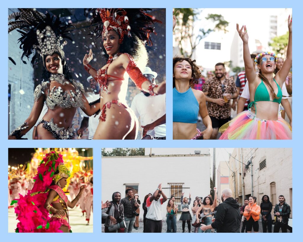 Menschen feiern beim Karneval in der Karibik in bunten Kostümen auf der Straße.