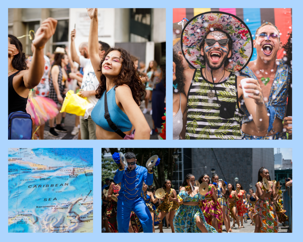 Feiernde Menschen, die beim Karneval in der Karibik großen Spaß haben.
