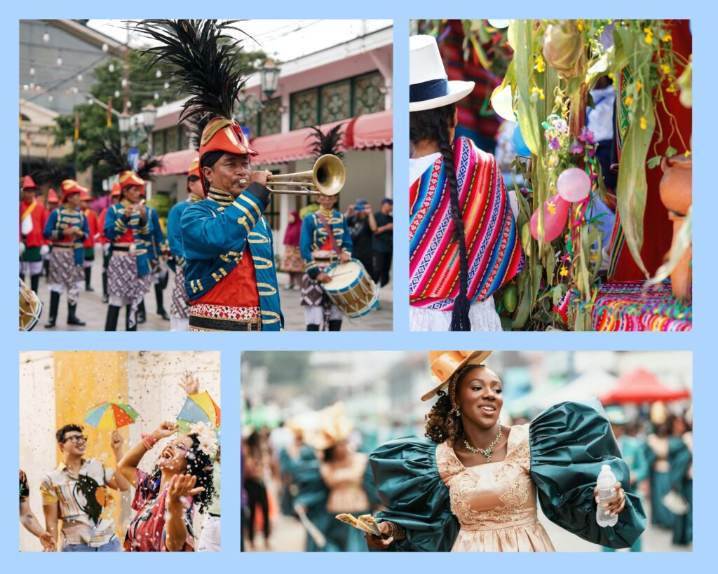Menschen beim Karneval in Argentinien tanzen in farbenfrohen Kostümen und feiern auf den Straßen.