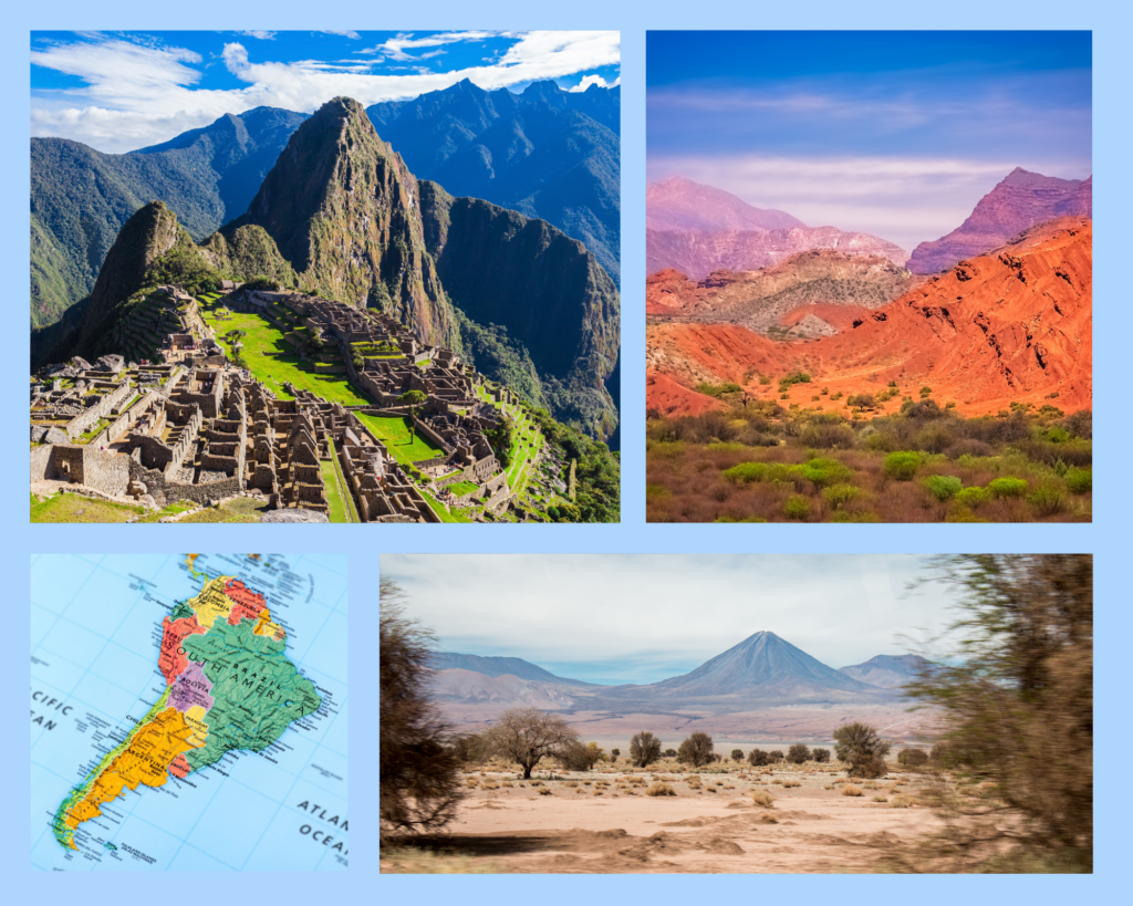 Boliviens Nachbarländer, die zu einer Reise verbunden werden können: Machu Picchu in Peru, die Quebrada de Humahuaca in Argentinien und der Vulkan Licancabur in Chile