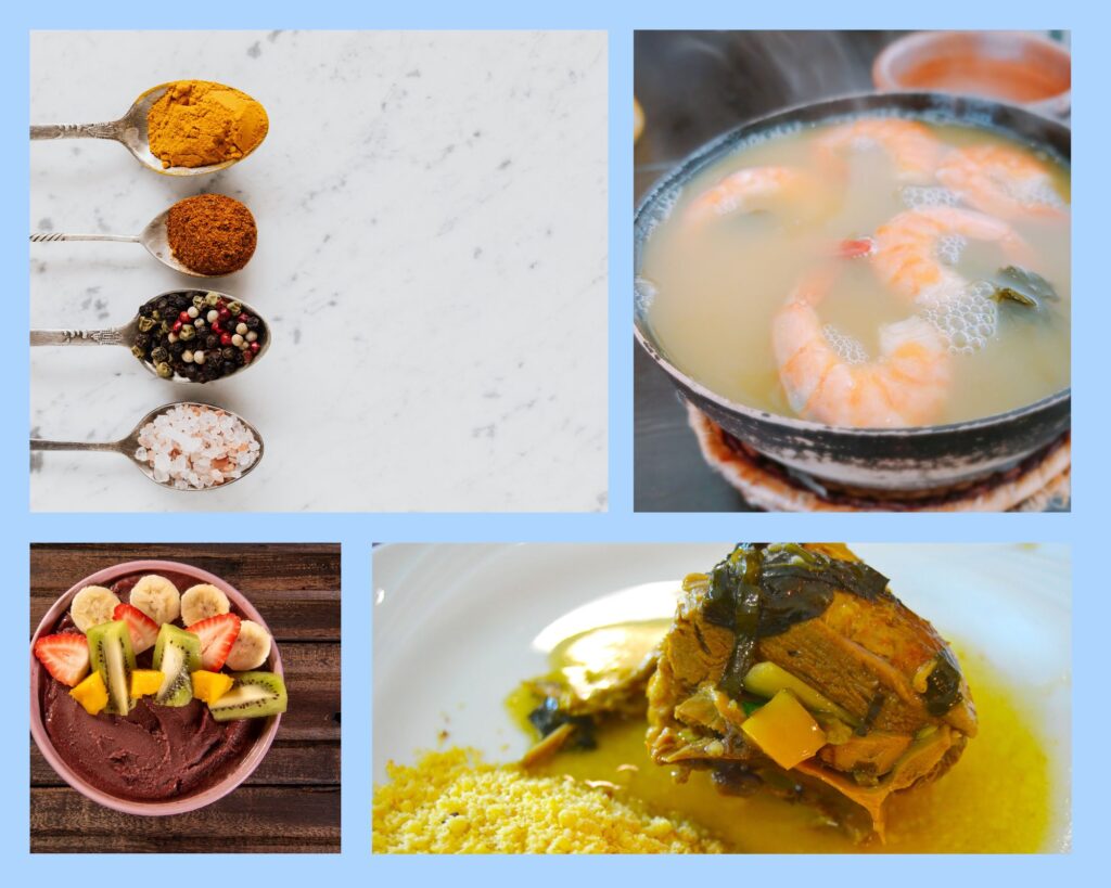 Belém Brasilien – Collage mit regionalen Speisen wie Tacacá, Pato no Tucupi, Açaí-Schale und typischen Gewürzen