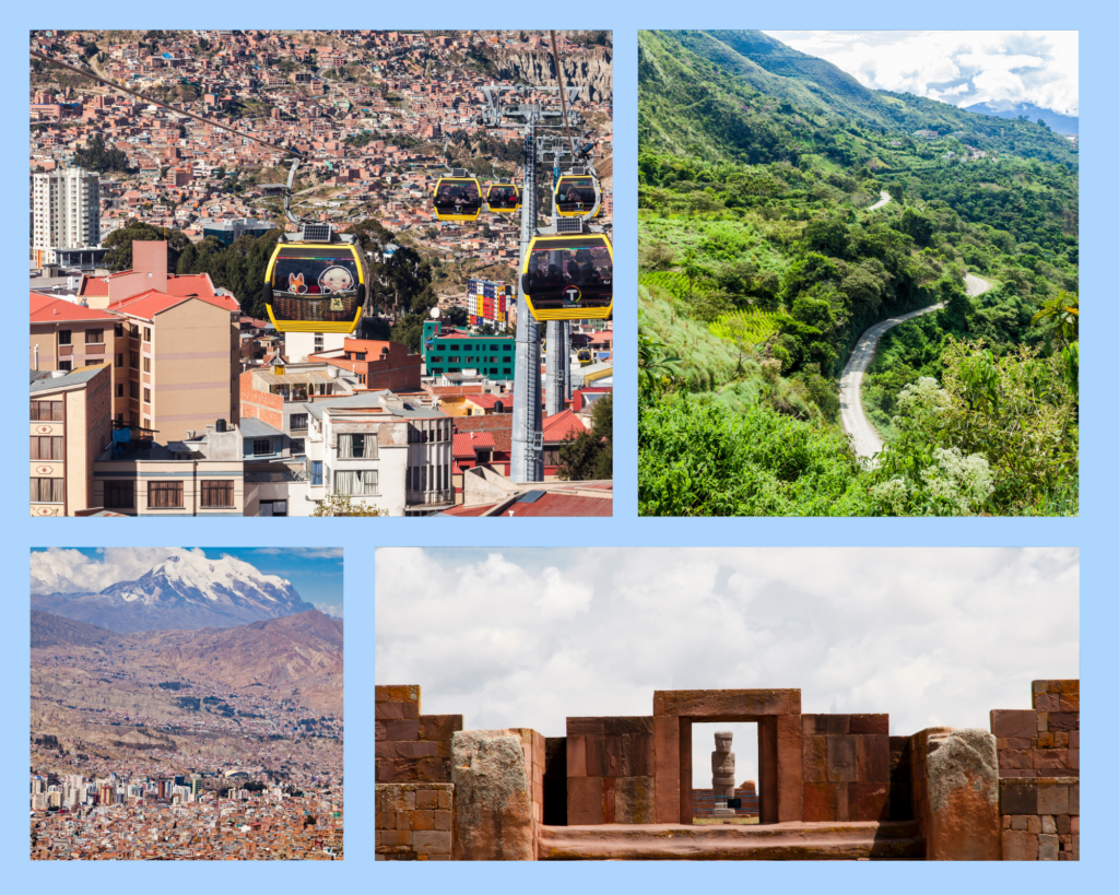 Auf dem Bild sieht man Bilder von der Stadt La Paz, die Ruinen von Tiwanaku und die Region um Coroico.