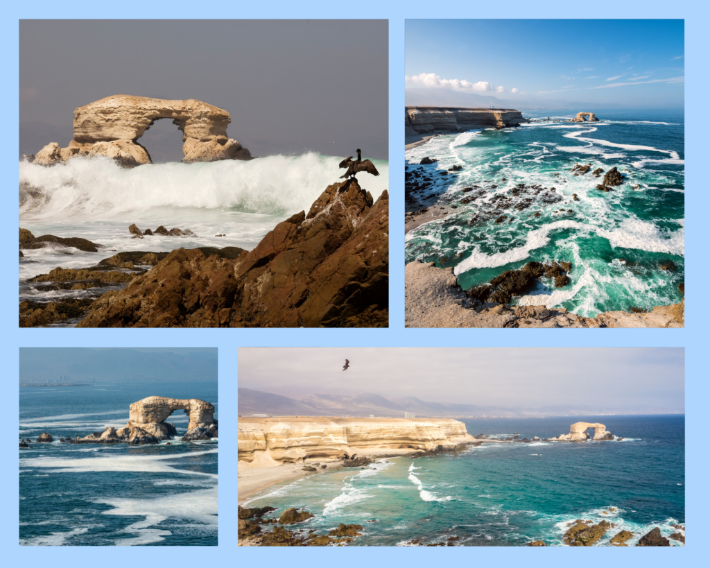 In der Collage sind mehrere Bilder des Felsbogens La Portada in der Nähe von Antofagasta abgebildet.