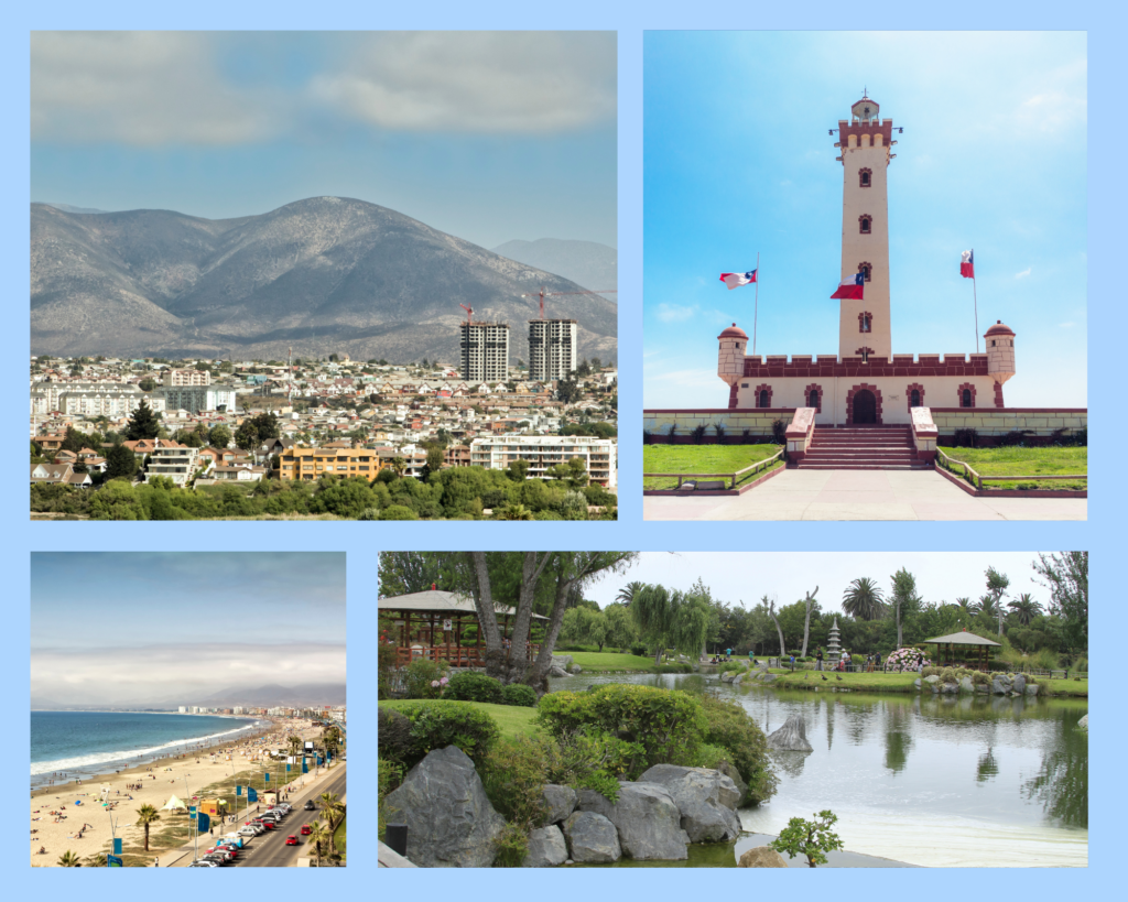Auf dem Bild ist der Faro Monumental, der Avenida del Mar, der Jardin Japones und die Sklyline von La Serena abgebildet.