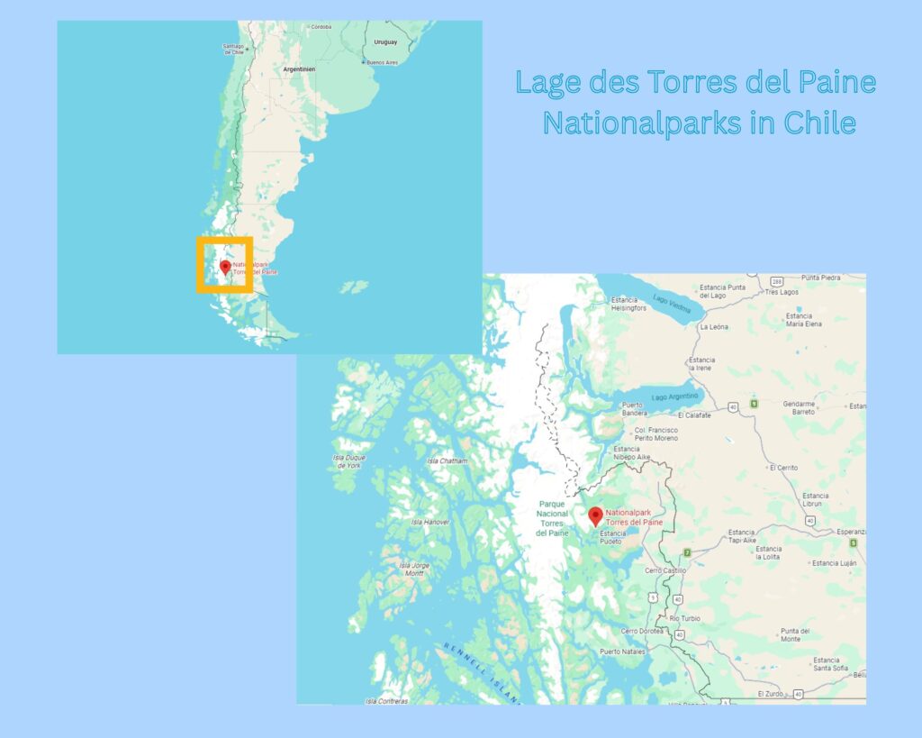 Die Karte zeigt die Lage des Torres del Paine Nationalparks in Südchile