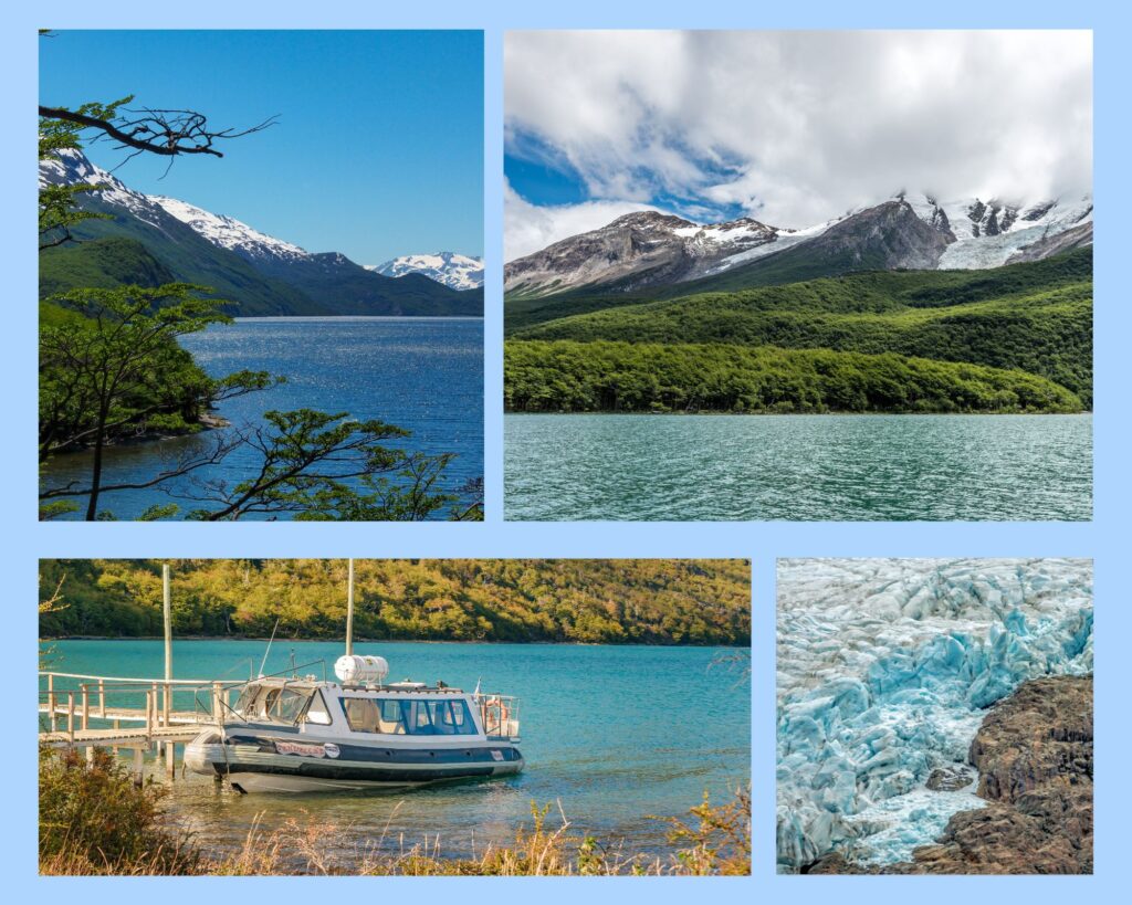 Collage aus vier Bildern der patagonischen Seen: Lago del Desierto mit Boot auf ruhigem Wasser, Panoramaaufnahmen der umliegenden Berge, Lago Viedma mit Gletscherfront und weiten Ausblicken.