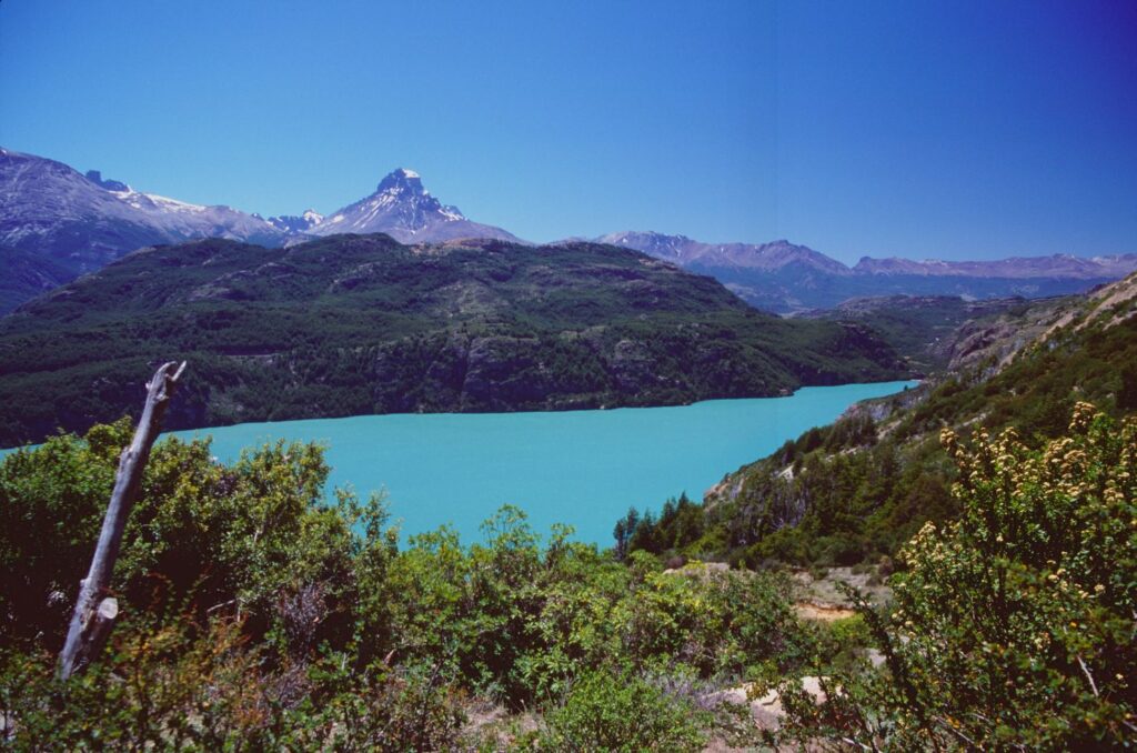 Knallgrüner Lago Verde mit dem Cerro Castillo im Hintergrund und strahlend blauem Himmel