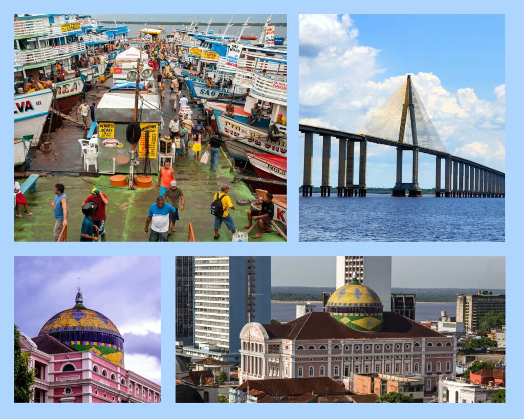 Manaus in einer Collage mit dem lebhaften Hafen und seinen typischen Amazonasbooten, der Ponte Rio Negro als wichtigste Verkehrsverbindung über den Fluss sowie unterschiedlichen Ansichten des Teatro Amazonas.