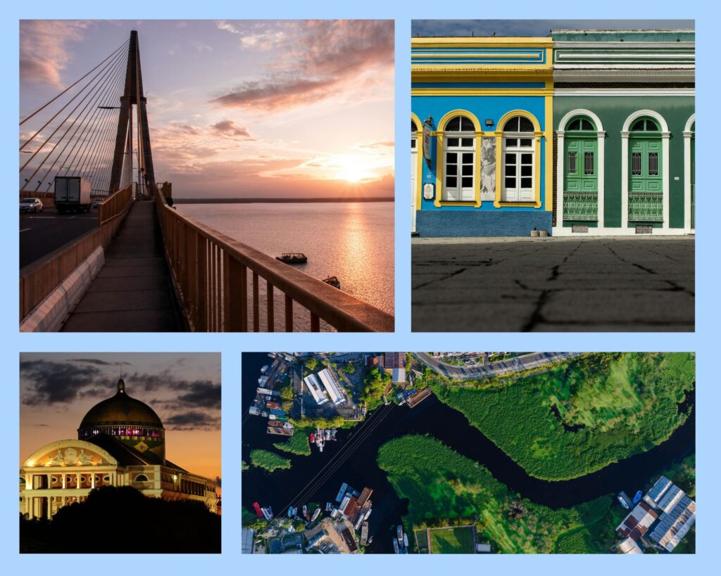 Manaus in einer Collage mit der Ponte Rio Negro bei Sonnenuntergang, farbenfrohen Kolonialfassaden im historischen Zentrum, dem Teatro Amazonas und einer Luftaufnahme der umliegenden Fluss- und Sumpflandschaften.