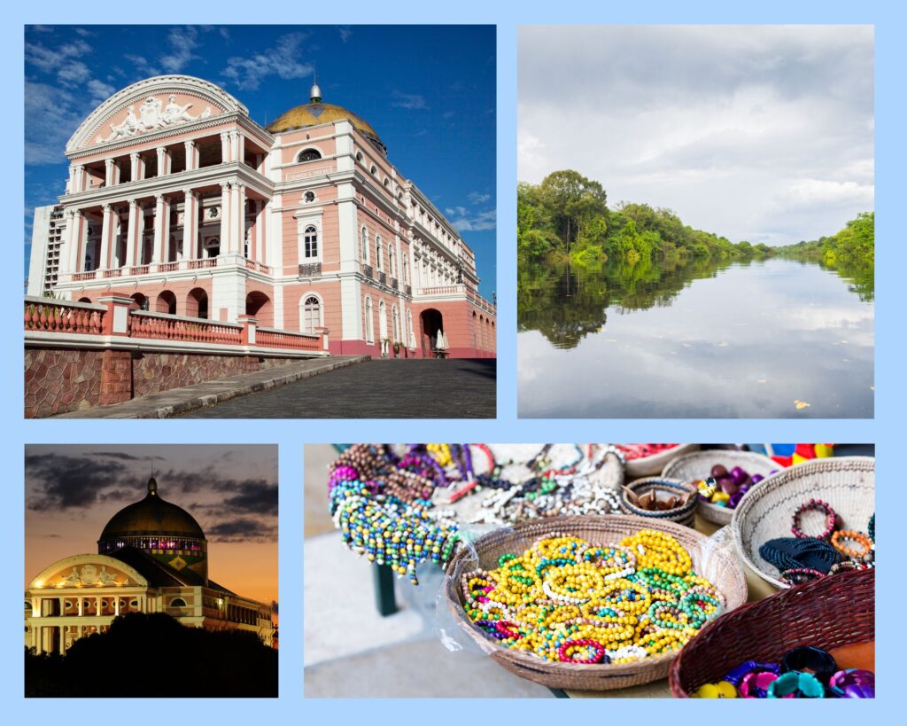 Manaus in einer Collage mit dem Teatro Amazonas bei Tag und Nacht, einem Flussabschnitt im Regenwald sowie traditionellem Amazonas-Handwerk mit bunten Perlenarbeiten auf lokalen Märkten.