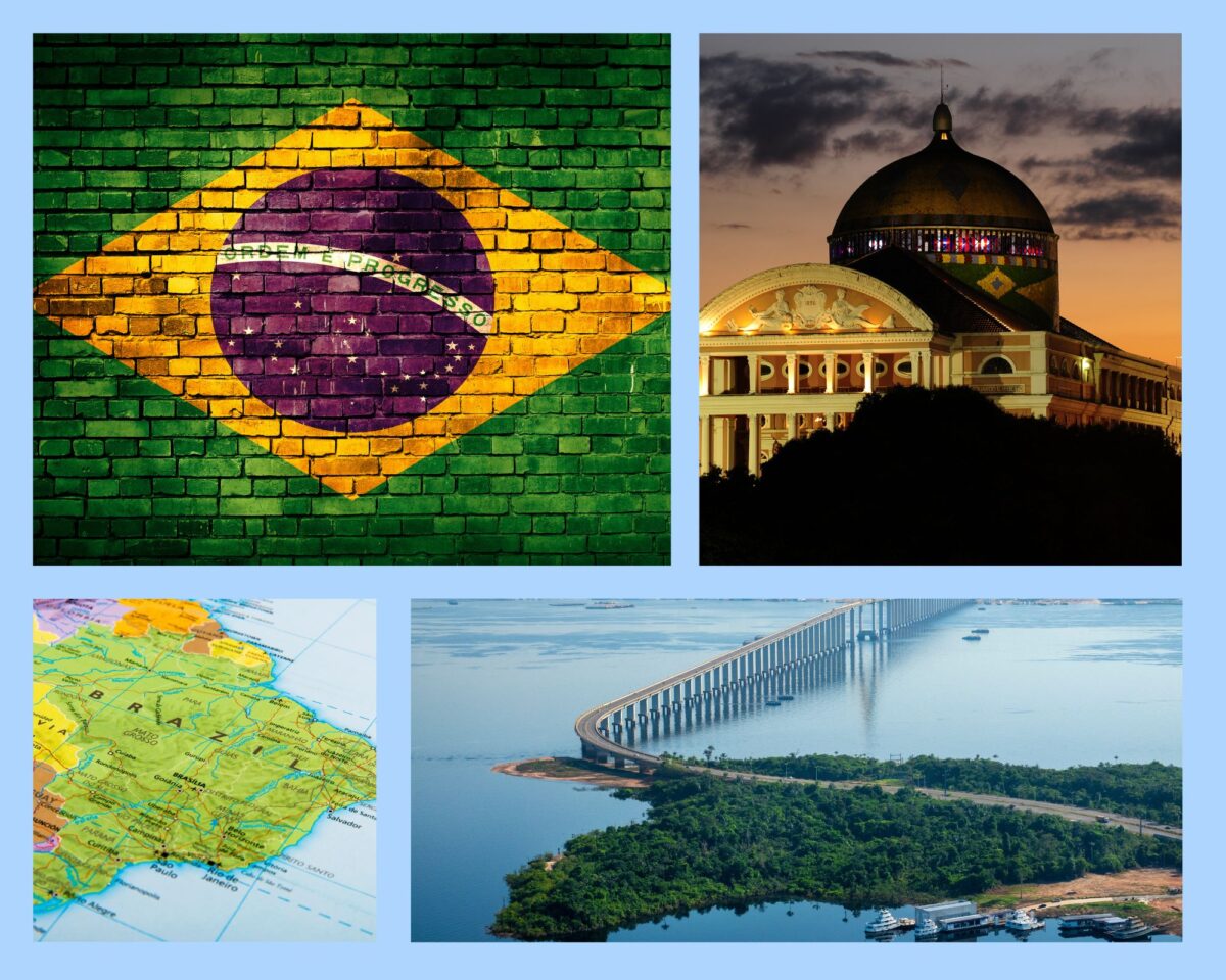 Manaus in einer Collage: brasilianische Flagge, das Teatro Amazonas bei Sonnenuntergang, eine Landkarte mit der Lage der Stadt und die Ponte Rio Negro über den Amazonas