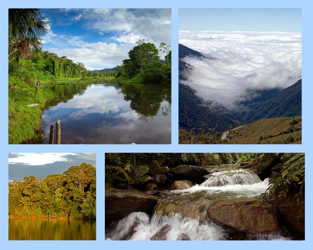 Eindrücke aus dem Manú-Nationalpark: Fluss durch den Regenwald, Blick über wolkenverhangene Wälder, Wald im Sonnenuntergang und ein kleiner Wasserfall