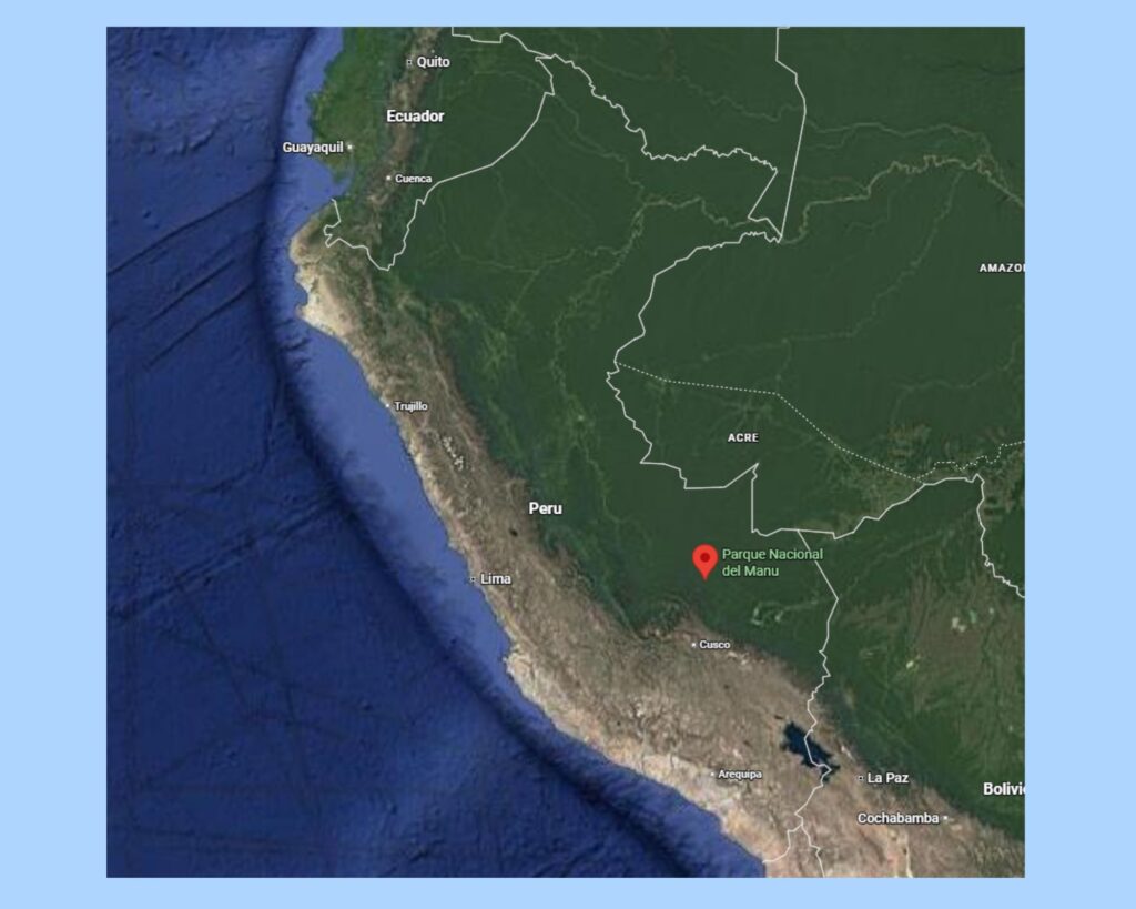 Karte, die die Lage des Manú-Nationalparks in Peru zeigt.