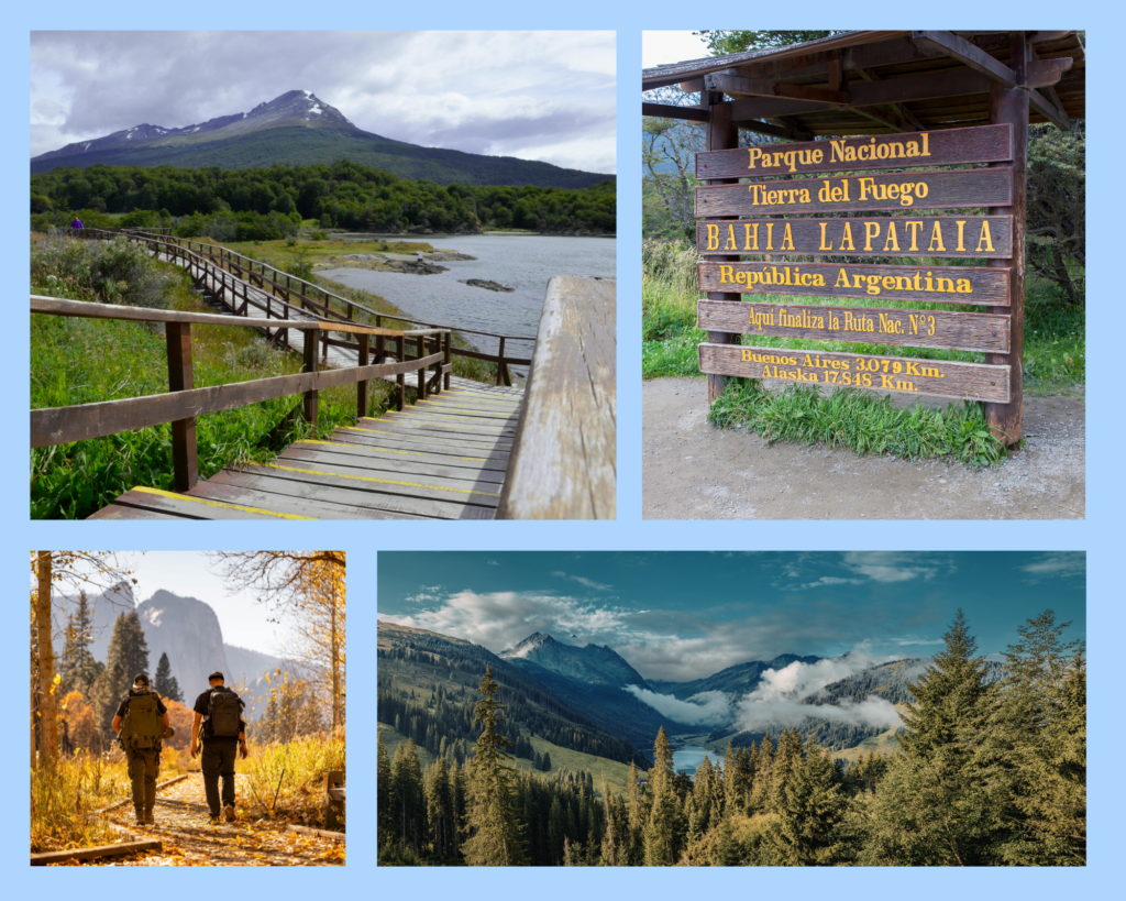 Der weitläufige Nationalpark und das bekannte Holzschild mit der Aufschrift:  „Tierra del Fuego“, mit seinen angelegten Holzwegen, vorbei an den Seenlandschaften oder gut ausgeschildert Pfaden, vor allem im Herbst in herrlichen Farben: gelb, orange und grün. Die Aussicht auf das Tal mit blauem See im Zentrum.