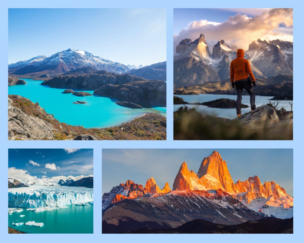 Eindrücke der Landschaften in Patagonien: Perito Moreno Nationalpark, Torres del Paine Nationalpark, Perito Moreno Gletscher und das Felsmassiv Fitz Roy