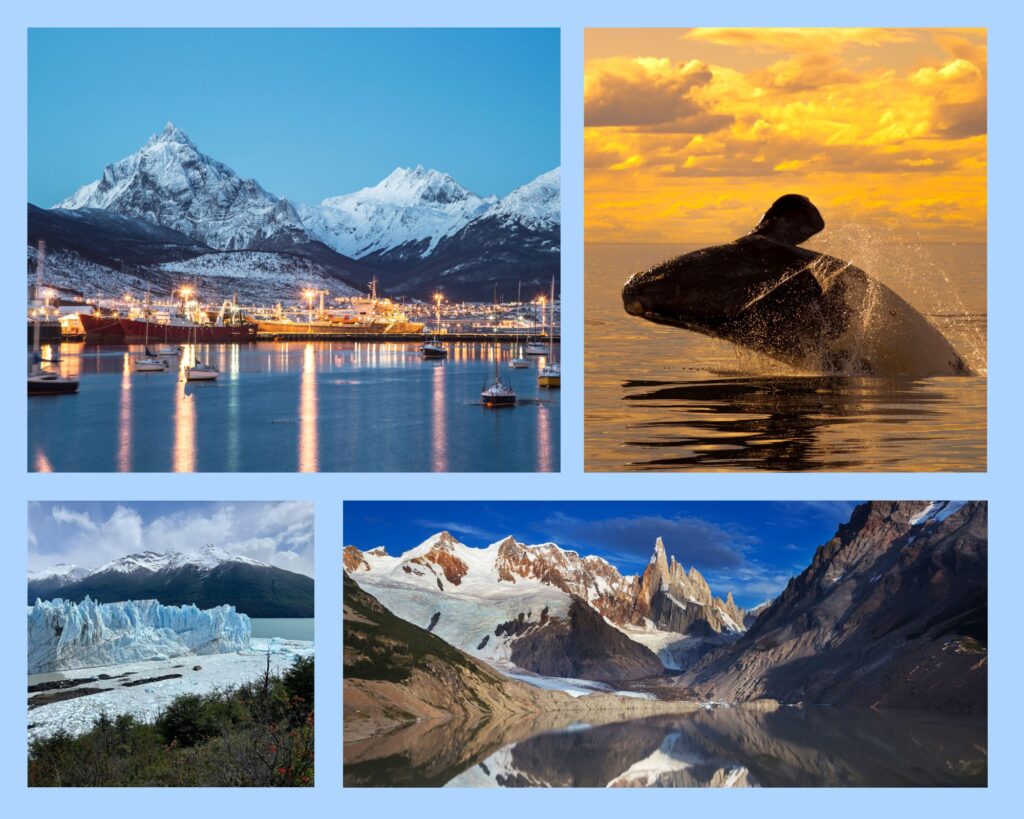 Collage: Eindrücke aus Patagonien: Ushuaia auf Feuerland, ein Wal vor der Halbinsel Vadés, der Perito Moreno-Gletscher und der Cerro Torre