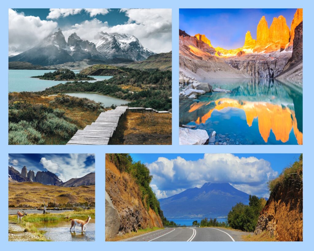 Patagonien mit Holzwandersteg vor Bergkette und See mit Bäumen am Ufer des Nationalpark Torres del Paine, gelblich beleuchtete Berggipfel der Torres del Paine, Lamas in sumpfähnlicher Landschaft im Nationalpark Torres del Paine, geteerte Straße zwischen Felsen mit entfernter Sicht auf See und Berg und riesiger Wolke im Nationalpark Torres del Paine