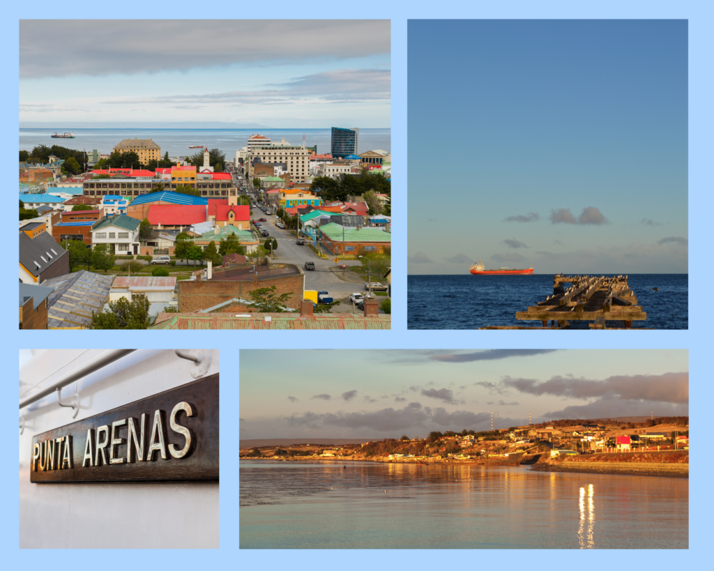 Die Stadt fotografiert vom „Mirador Cerro de la Cruz“ mit den typischen bunten Dächern, der Steg an der Promenade Richtung Meerenge, Schild „Punta Arenas“ an einem Schiff, Blick auf kleines Dorf im Feuerland in herrliche Abendsonne gehüllt