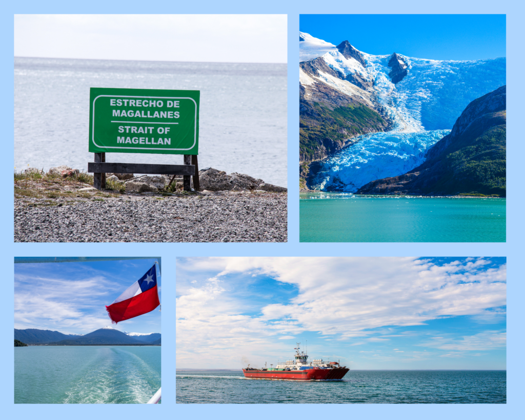 Der Seeweg nach Punta Arenas: Kreuzfahrt im Feuerland durch die raue Magellanstraße, vorbei an chilenischen Fjorden und riesigen Gletschern, Fährenfahrt auf türkisblauem Wasser unter Chilenischer Flagge. Die riesige rote Fähre schippert entspannt von Puerto Montt nach Puerto Natales um Autos und Menschen zu transportieren.