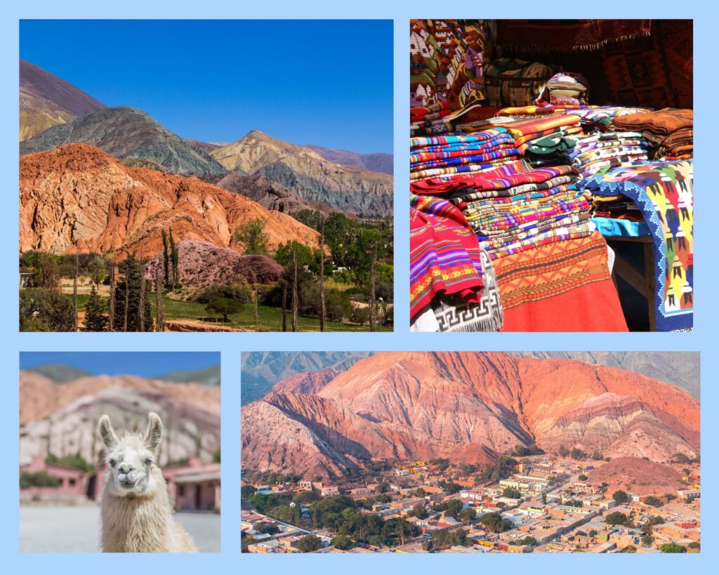Quebrada de Humahuaca mit Cerro de los Siete Colores (der Berg der sieben Farben), einem einheimischen Lama, gewebten Inka-Tüchern und einem Luftbild des kleinen Ortes Purmamarca