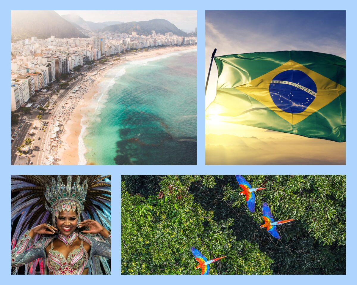 Strand von Copacabana in Rio de Janeiro, brasilianische Flagge im Sonnenlicht, Karnevalstänzerin in traditionellem Kostüm und fliegende Aras im Amazonas-Regenwald – Symbole einer Brasilien Rundreise.