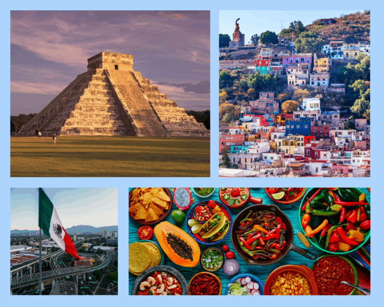 Collage einer Rundreise Mexiko: Chichén Itzá, Guanajuato, mexikanische Flagge und traditionelle Küche