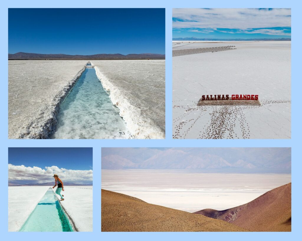 Verschiedene Eindrücke der Salinas Grandes: Collage mit der Salzwüste Wasserrinne, Schriftzug "Salinas Grandes", einer Frau und Bergen im Vordergrund
