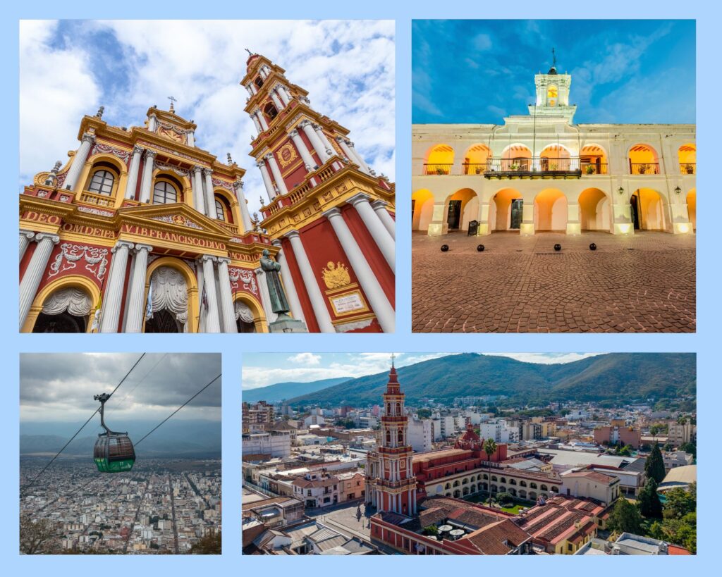 Salta mit der Basílica de San Francisco, Cabildo de Salta, der Seilbahn und dem Blick über die Stadt