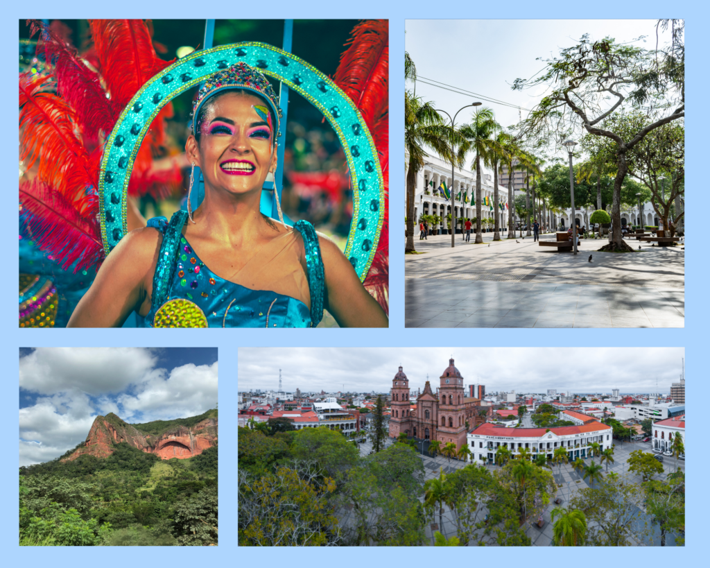 Auf dem Bild sieht man die Stadt Santa Cruz de la Sierra, Carnaval Cruceño und den El Fuerte.