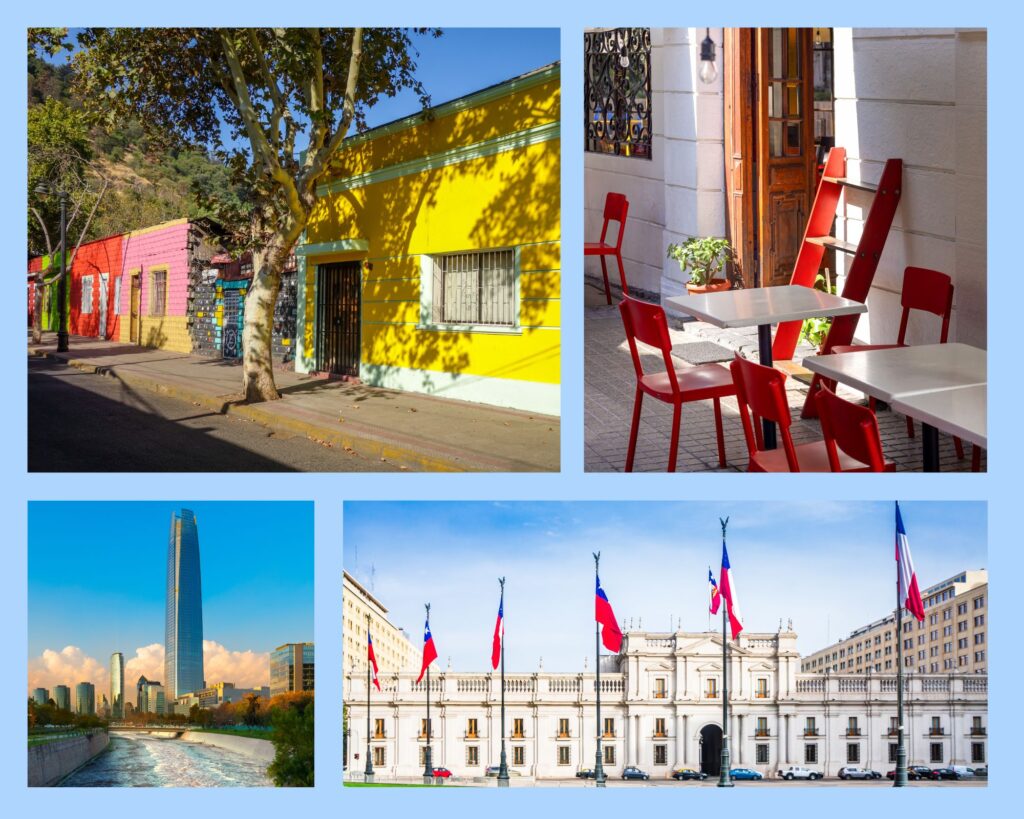 Einblicke in einige Viertel Santiagos: bunte Häuser in Bellavista, Café in Lastarria, Blick auf Providencia und La Moneda im historischen Viertel