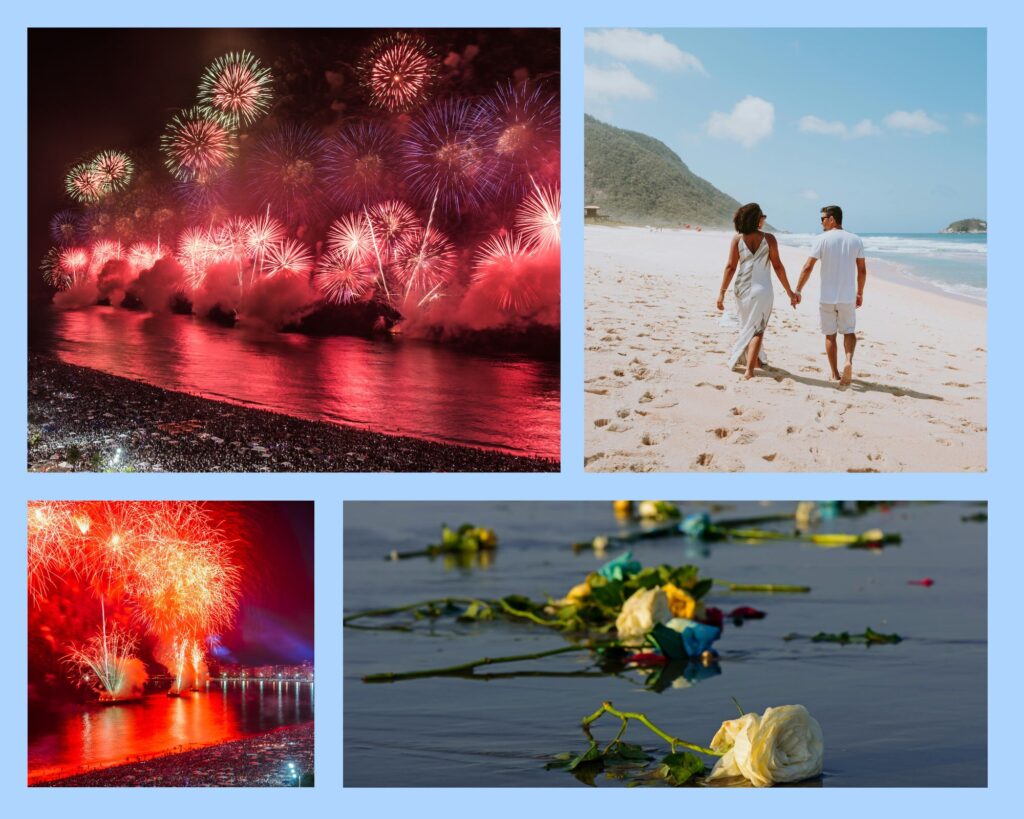 Silvester in Brasilien: Feuerwerk an der Copacabana, Menschen in weißer Kleidung und Blumen für die Meeresgöttin Iemanjá