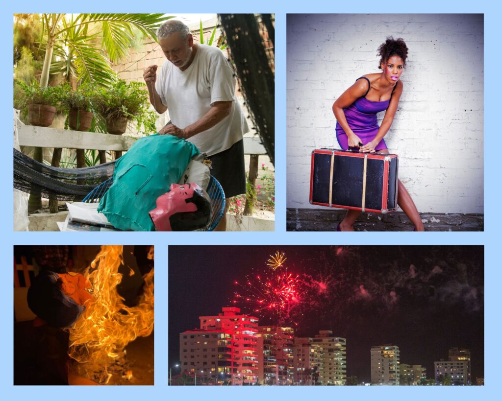 Vielfältige Traditionen: Puppen werden von Hand erstellt und dann verbrannt, Lauf mit dem Koffer und Feuerwerk in Ecuador