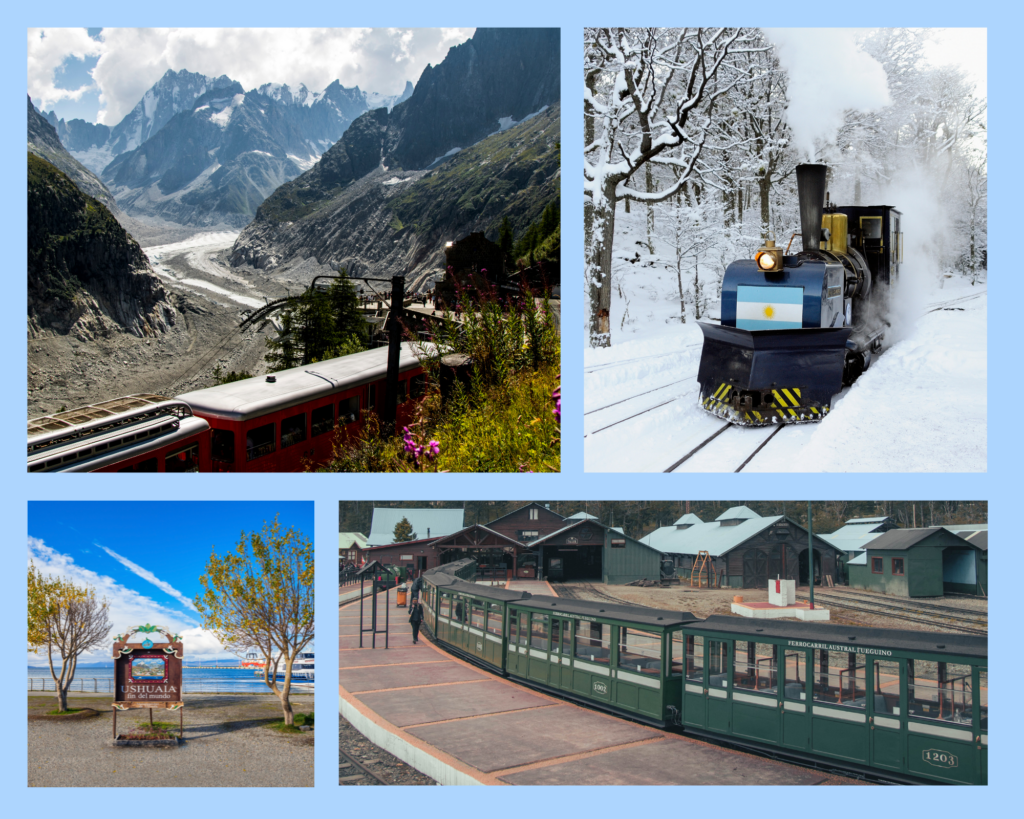 Der „Tren del Fin del Mundo“ kommt in verschiedenen Versionen, meist rot oder schwarz-grün trägt er die blau-weis-blaue Argentinische Flagge auf der Vorderseite und fährt durch die Täler zwischen den eingeschneiten Anden hindurch. Auch im Schnee ist er in Betrieb und hebt sich aus dem weis gut hervor. 