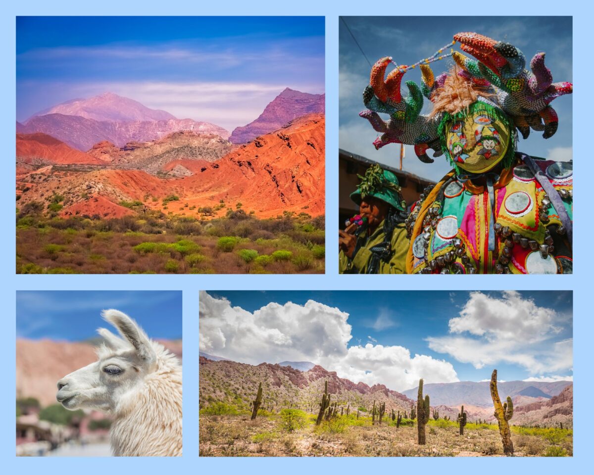Die bunten Berge der Quebrada de Humahuaca sowie ein einheimische Kostüm sowie ein Lama und eine Wüste mit Kakteen