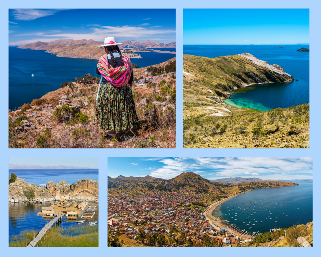 Collage mit dem Titicacasee, der Isla del Sol und Copacabana auf der bolivianischen Seite des Sees.