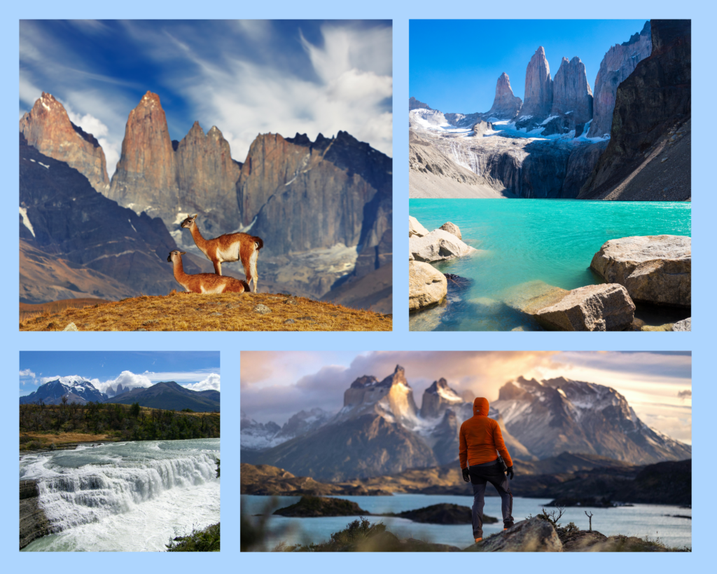 Guanakos vor den Bergen des Nationalparks, Die drei „Torres“ Granitspitzen hinter türkisblauem Bergsee, reißende Flüsse und ruhige Seen nahe der Wanderrouten