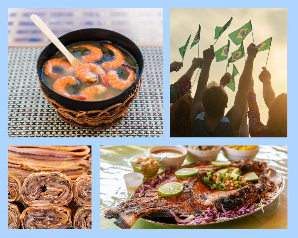 Manaus in einer Collage mit regionalen Speisen wie Tacacá und gegrilltem Amazonasfisch, traditionellem getrocknetem Pirarucu sowie Menschen mit brasilianischen Flaggen, die lokale Kultur und Lebensfreude zeigen.